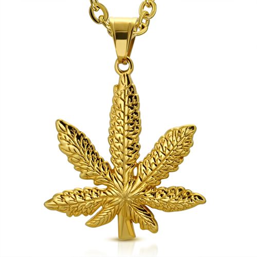 Gold Plated Steel Pendant - Cannabis Marijuana Leaf